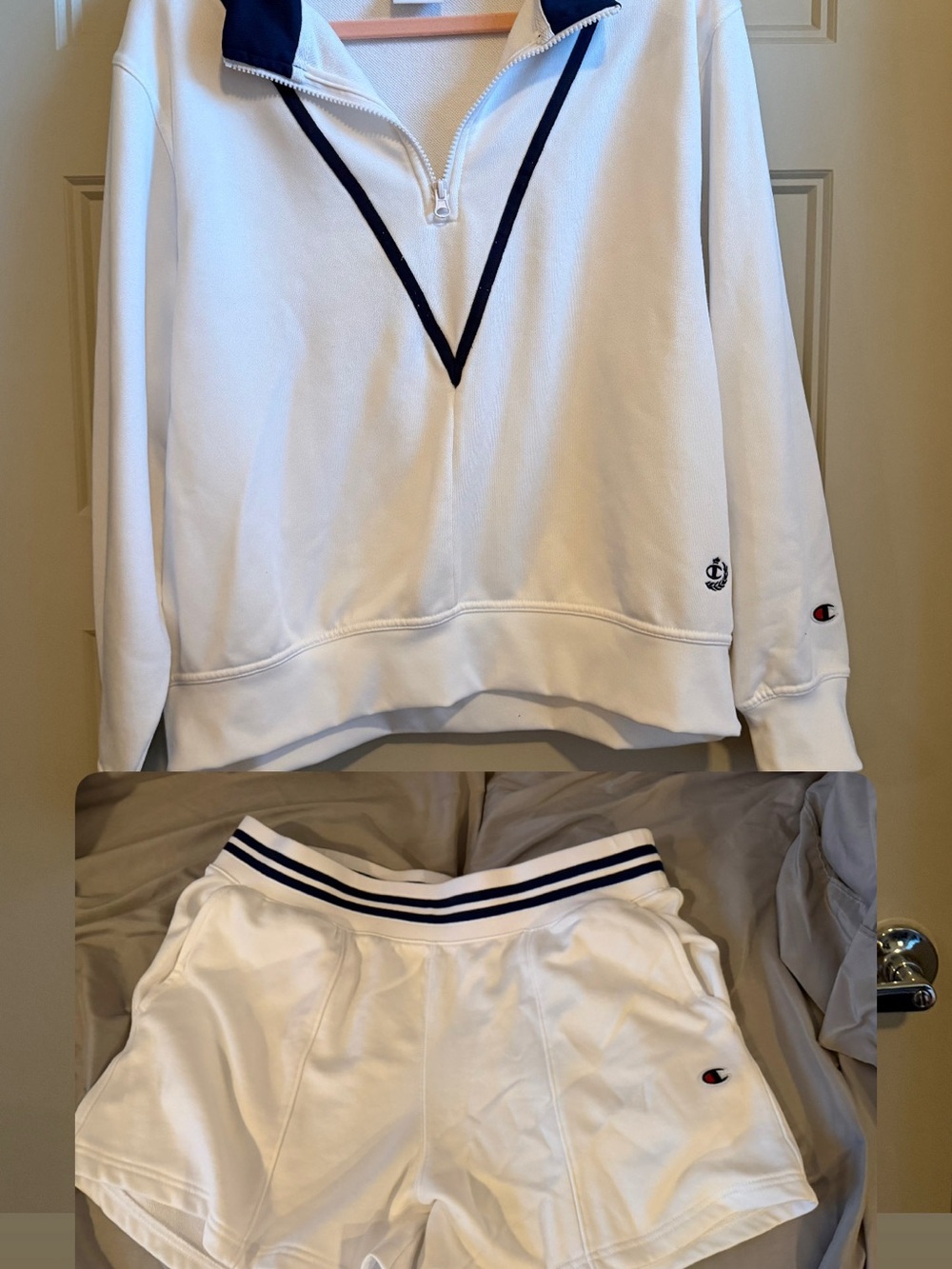 Champion White Women’s Zip-Up Pullover & Athletic Shorts with Navy Trim